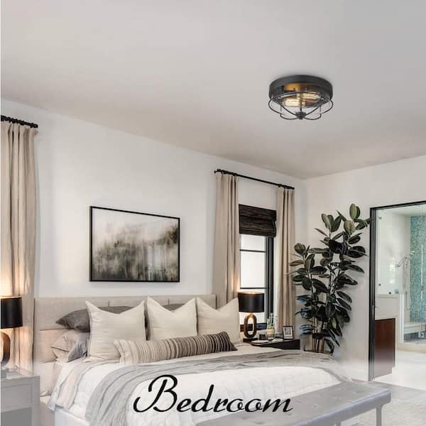 12 in. 2-Light Farmhouse Black Ceiling Light Fixture with Seeded Glass Shade Flush Mount