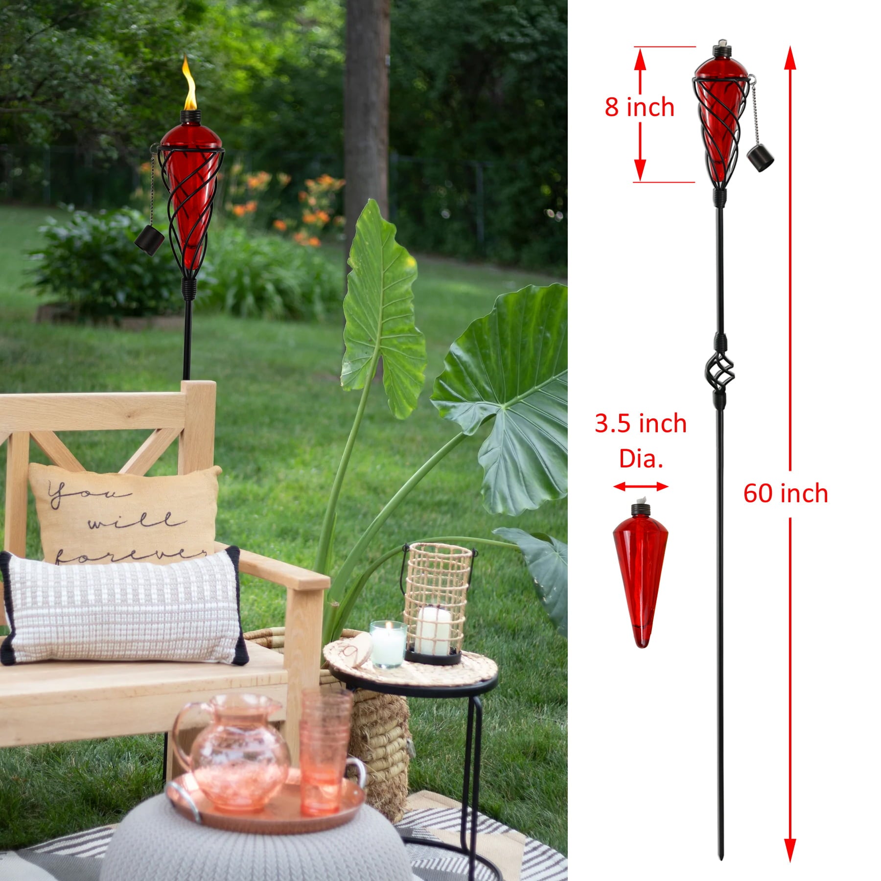 Westcharm 4 Pack 60 Inch Glass Garden Torch Light with Swirling Metal Ground Pole - Burning Citronella Torch Fuel | Outdoor Lighting for Party Patio Pathway Garden Décor - Assorted Colors