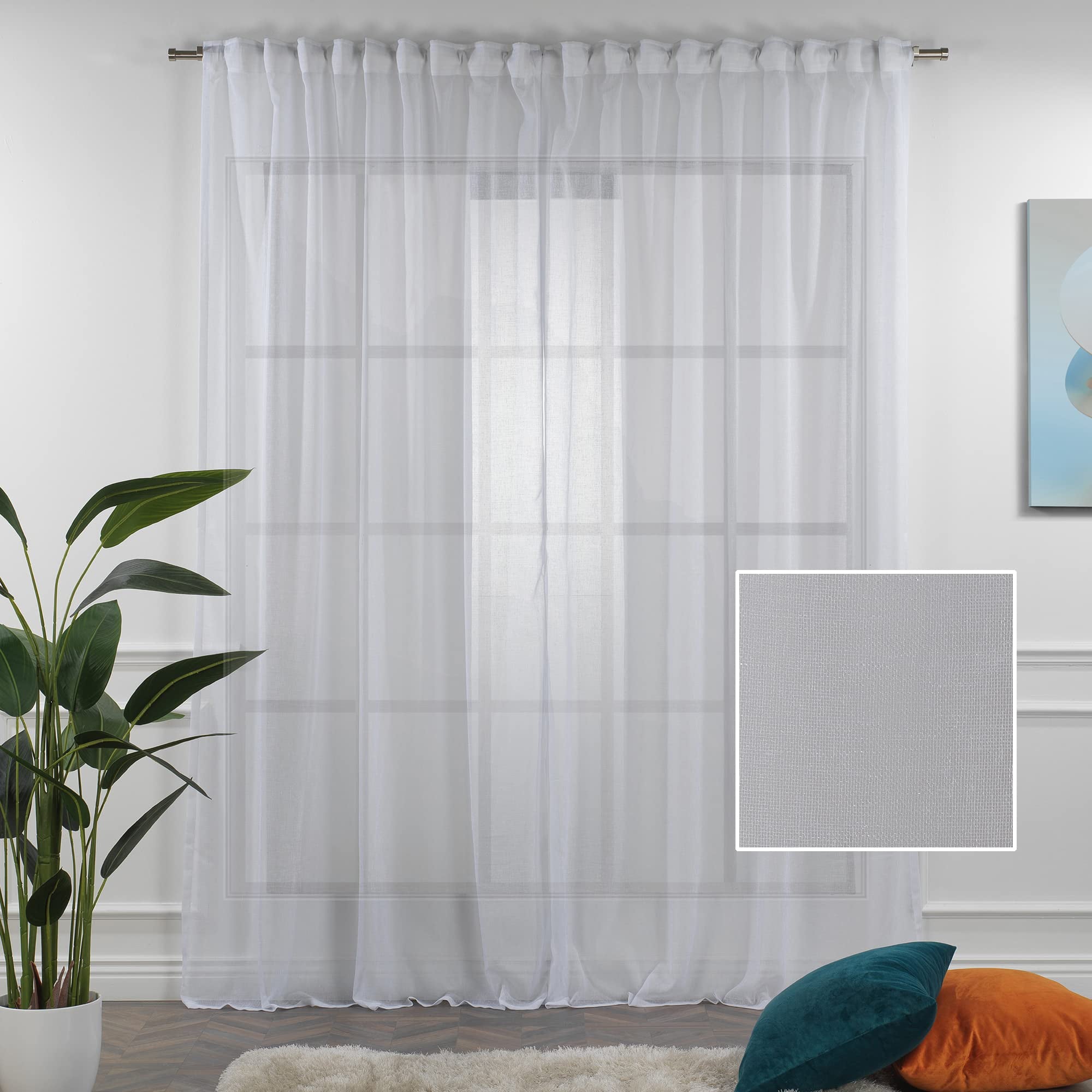 3S Brother's White Linen Look Extra Long Set of 2 Panels Sheer Curtains Rod Pocket & Back Tab Home Décor Window Custom Made Drapes 10-30 Ft. Long -Made in Turkey Each Panel (52
