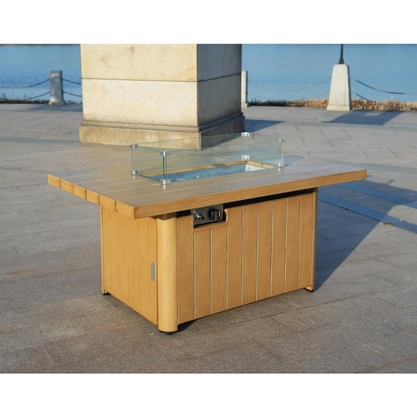 Delma Teak Rectangular Aluminum Outdoor Dining Fire Pit Table