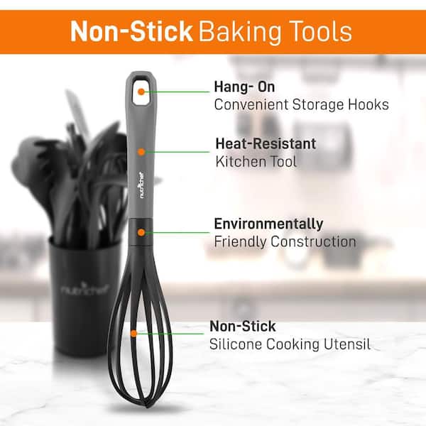 10 Pcs. Silicone Heat Resistant Kitchen Cooking Utensils Set - Non-Stick Baking Tools with PP Holder (Gray and Black)