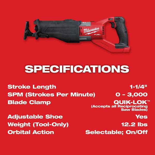 M18 FUEL 18V Lithium-Ion Brushless Cordless Super SAWZALL Orbital Reciprocating Saw (Tool-Only)