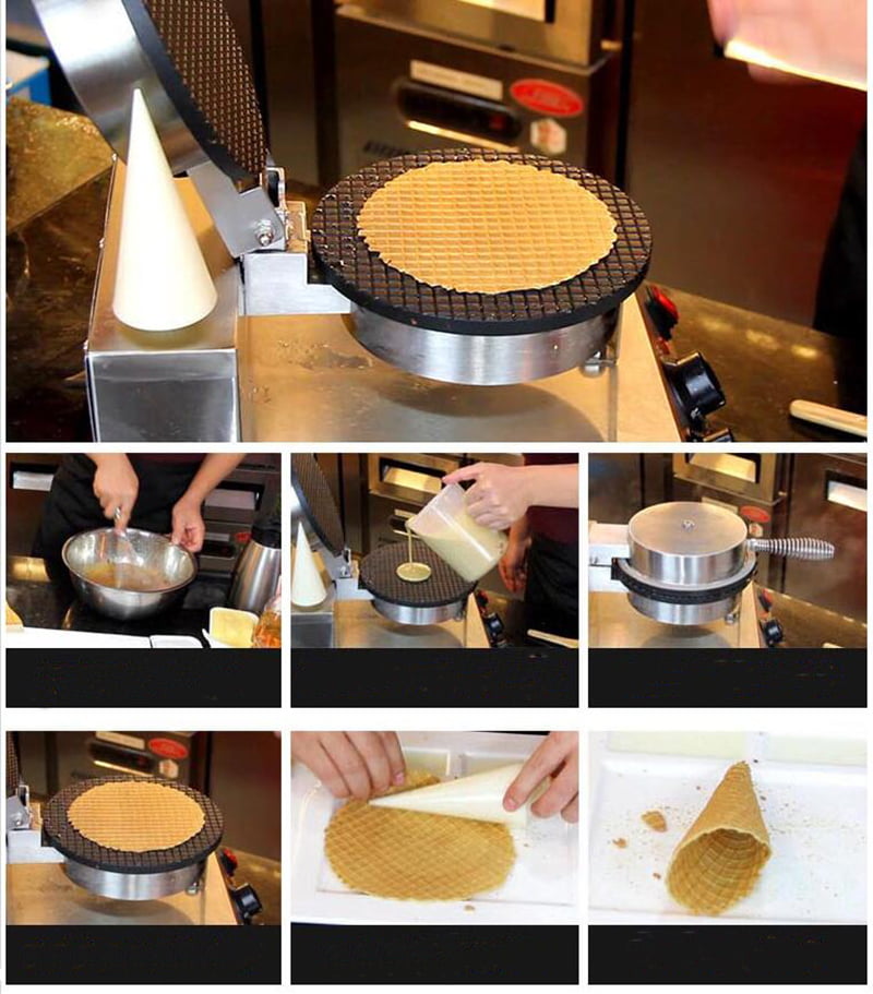 Electric Ice Cream Cone Maker Machine Double Station Baker for Round Cone Waffle Crispy Pancake Cooking