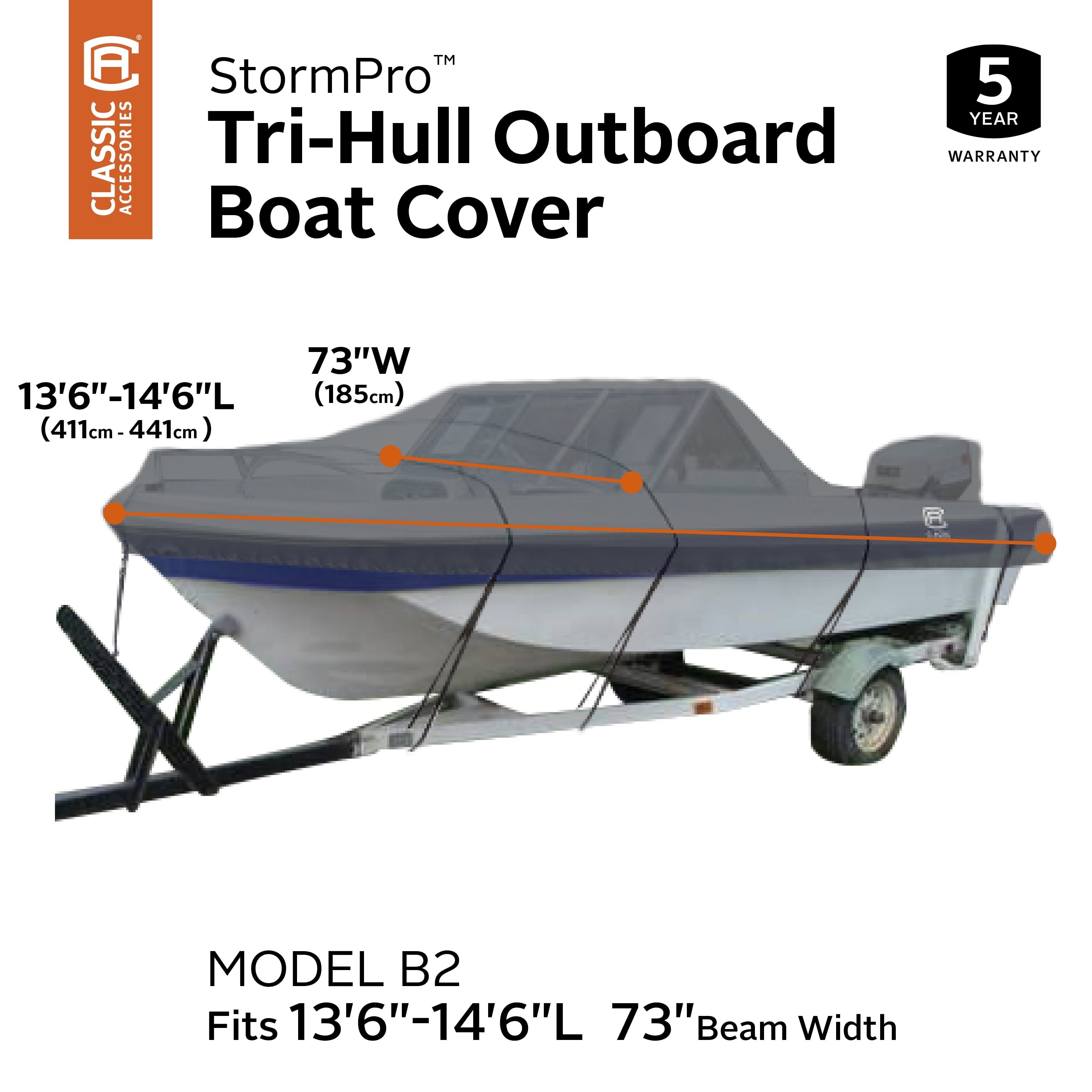 Classic Accessories StormPro Heavy-Duty Tri-Hull Outboard Boat Cover, Fits boats 13 ft 6 in - 14 ft 6 in long x 73 in wide