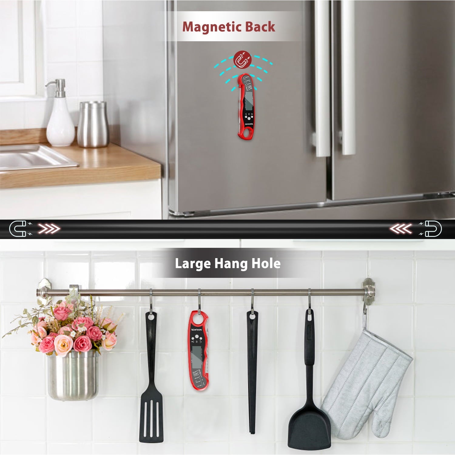 Digital Meat Thermometer 2-in-1 Grillthermometer Instant Read with Temperature Alarm, large LCD Screen, Magnet, Food Thermometer best for BBQ Grill Oven Cooking Kitchen