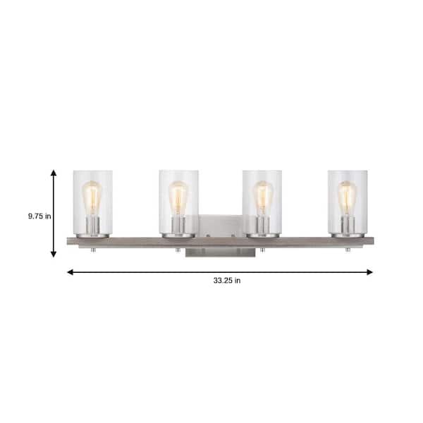 Boswell Quarter 33-1/4 in. 4-Light Brushed Nickel Farmhouse Vanity Light with Painted Weathered Gray Wood Accents