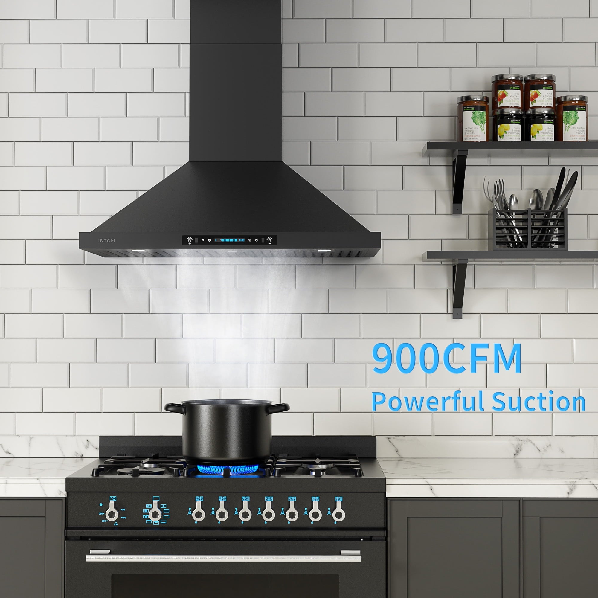 IKTCH 30 inch Black Wall Mount Range Hood, 900 CFM Ducted/Ductless Stainless Steel Vent Hood with Gesture Sensing & Touch Control Switch Panel, 2 Pcs Adjustable Lights(IKP02-30-BSS)