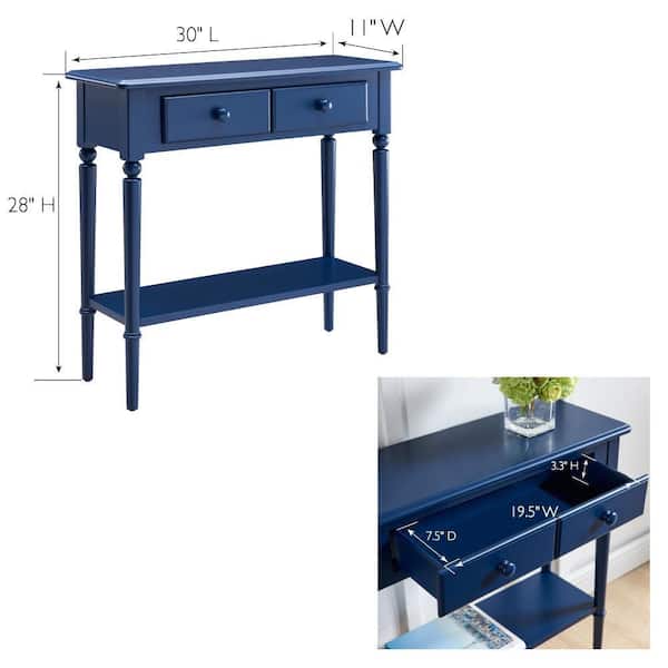 Coastal 30 in. W x 28 in. H x 11 in. D Navy Blue Turned Leg Rectangle Wood Hall Console Table with Drawer and Shelf