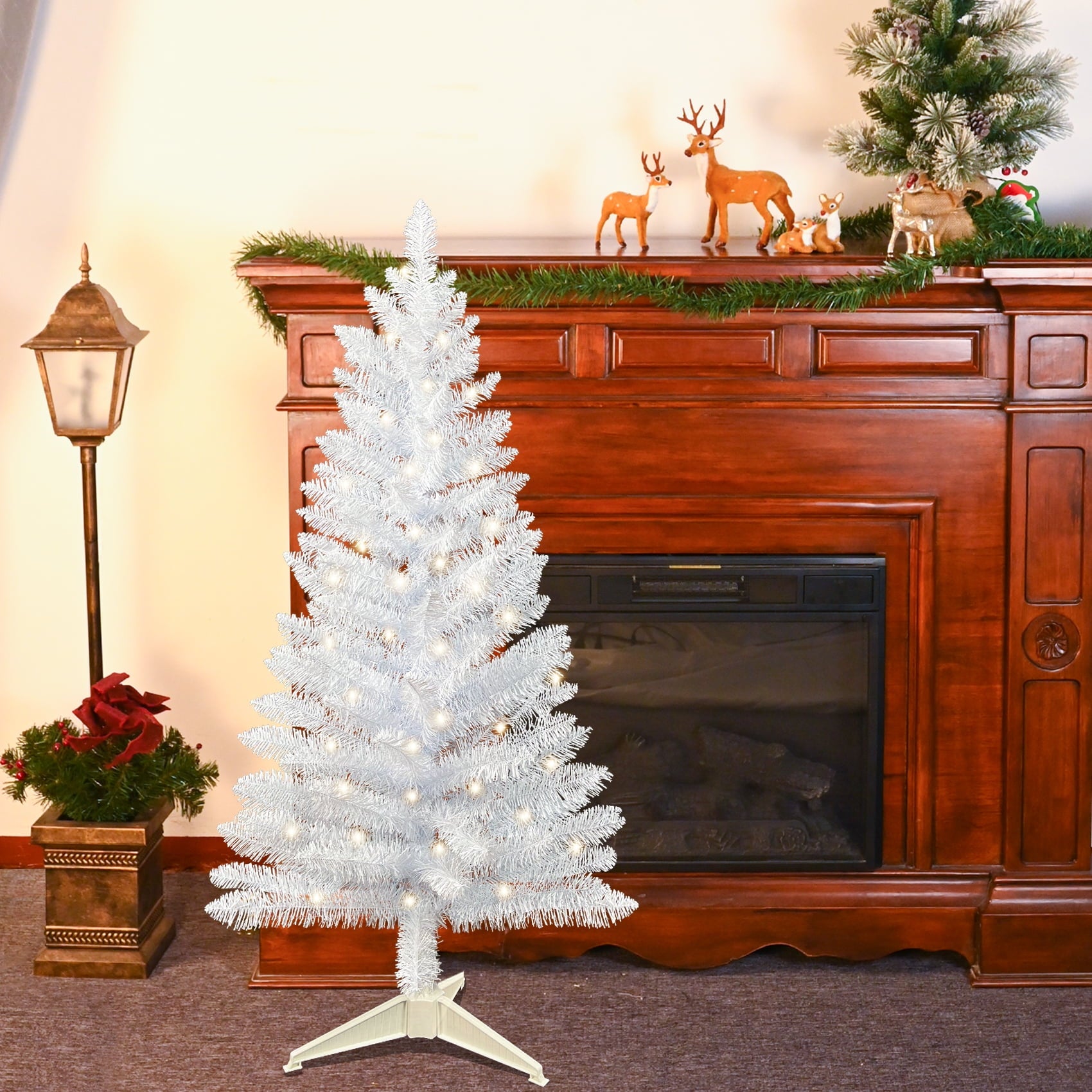 4Ft Pre-Lit White Artificial Christmas Pine Tree, Tinsel, Three-Section Assembly, Includes Base
