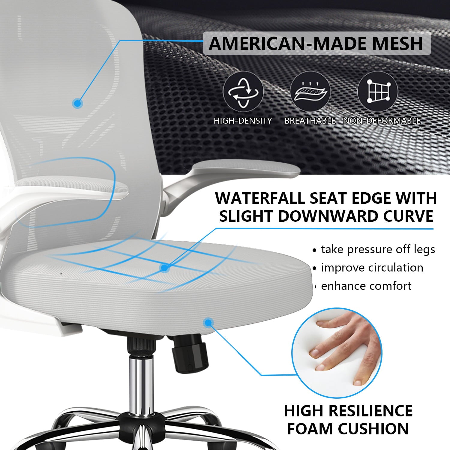 Happylost Office Chair, Computer Mesh Swivel Desk Chair with Adjustable Armrests (White）