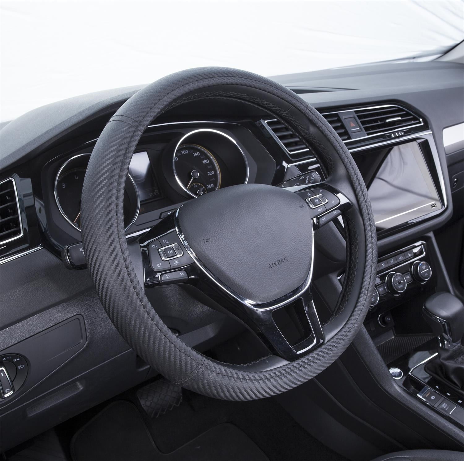 Auto Drive 1PC Steering Wheel Cover Carbon Fiber Black - Universal Fit