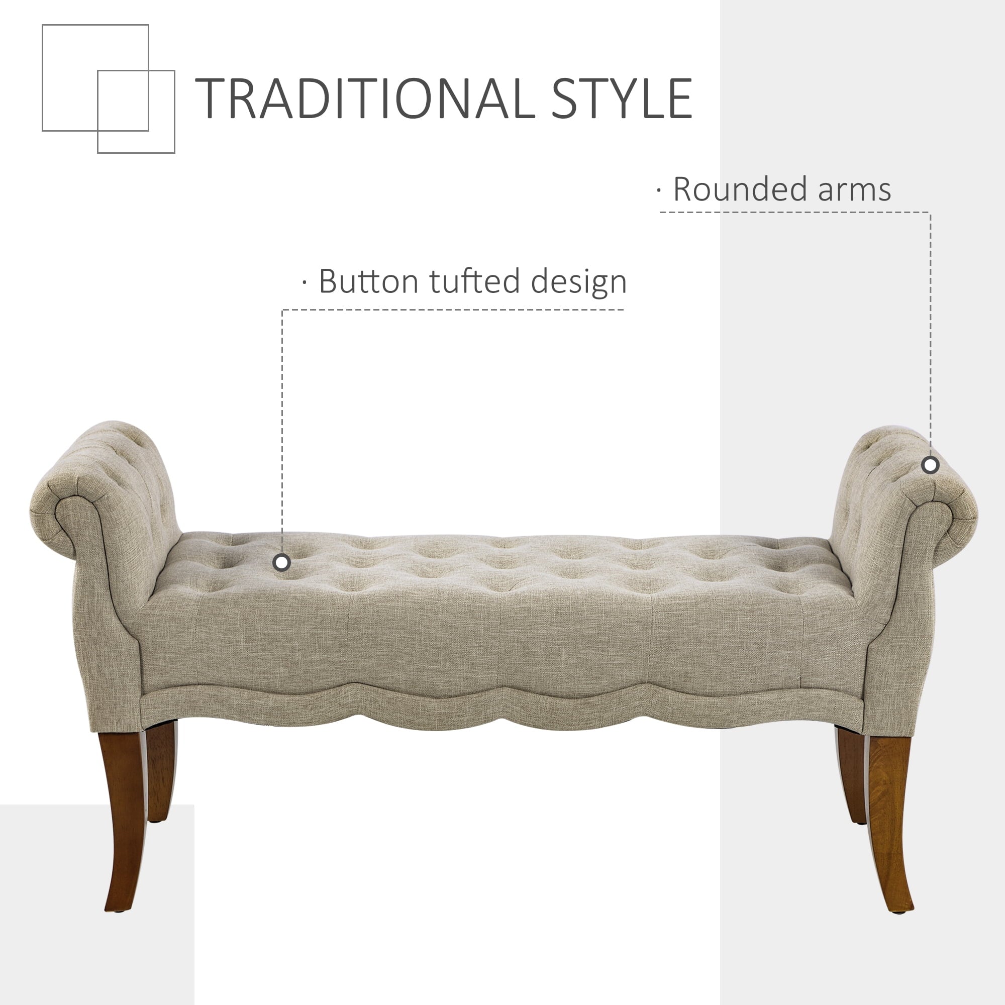 HOMCOM Traditional Style End of Bed Bench, Upholstered Entryway Bench with Button Tufted and Rounded Arm, Beige