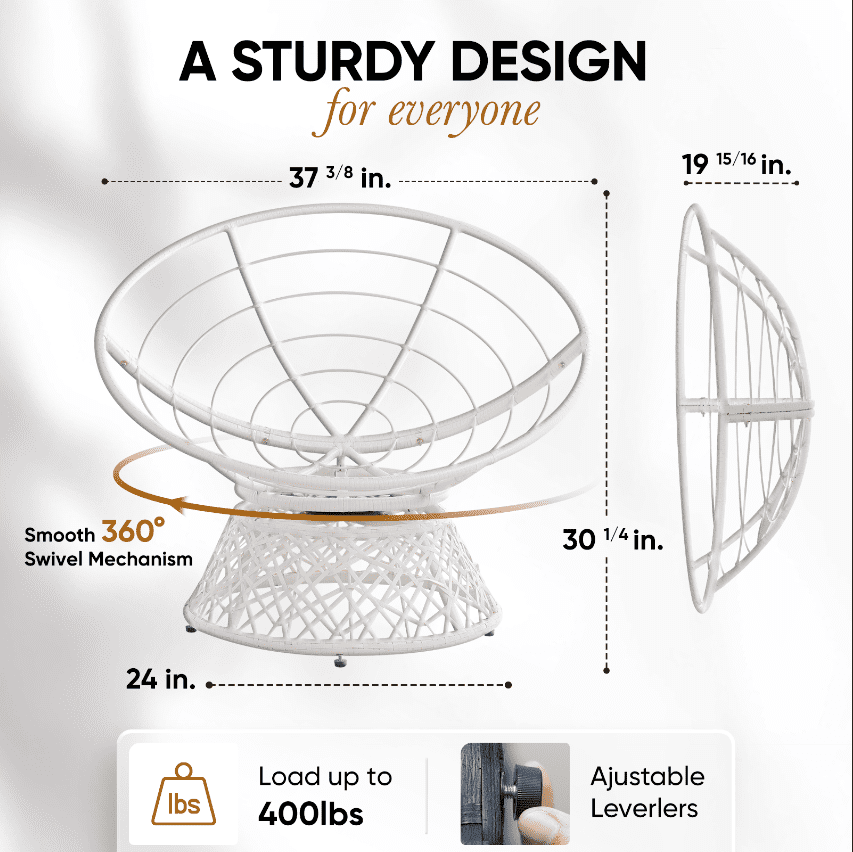 Aile 360 Swivel Comfy Papasan Chair with Fabric Cushion, Sturdy Metal Frame (Pure Pearl - White Frame)