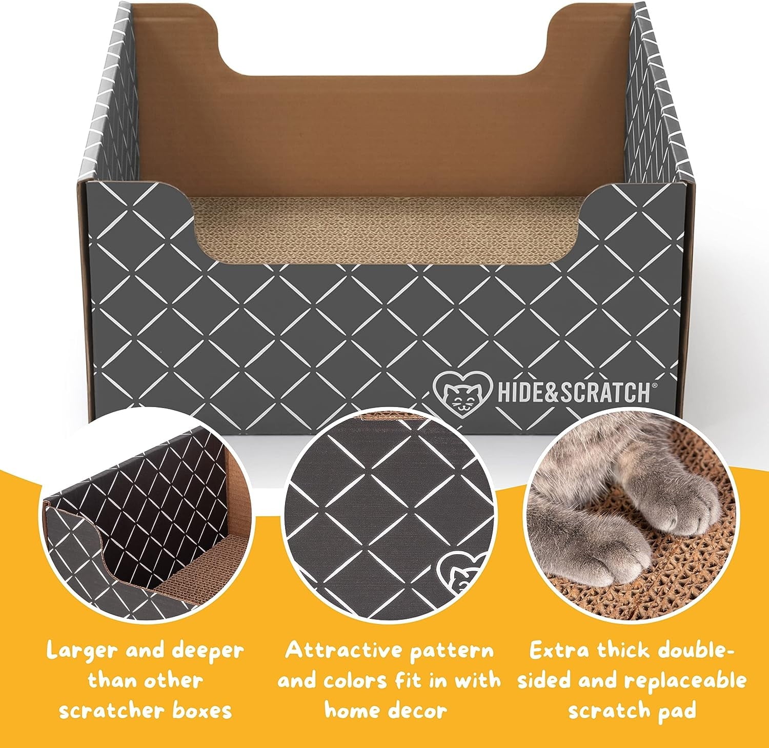 Hide & Scratch: Extra-Large Heavy Duty Cardboard Cat Scratcher and Lounger Box with Refillable Scratch Pad (Dark Grey Diamond)