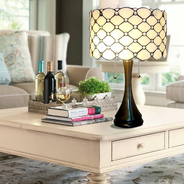 24 in. Antique Bronze Modern Stained Glass Table Lamp with Pull Chain