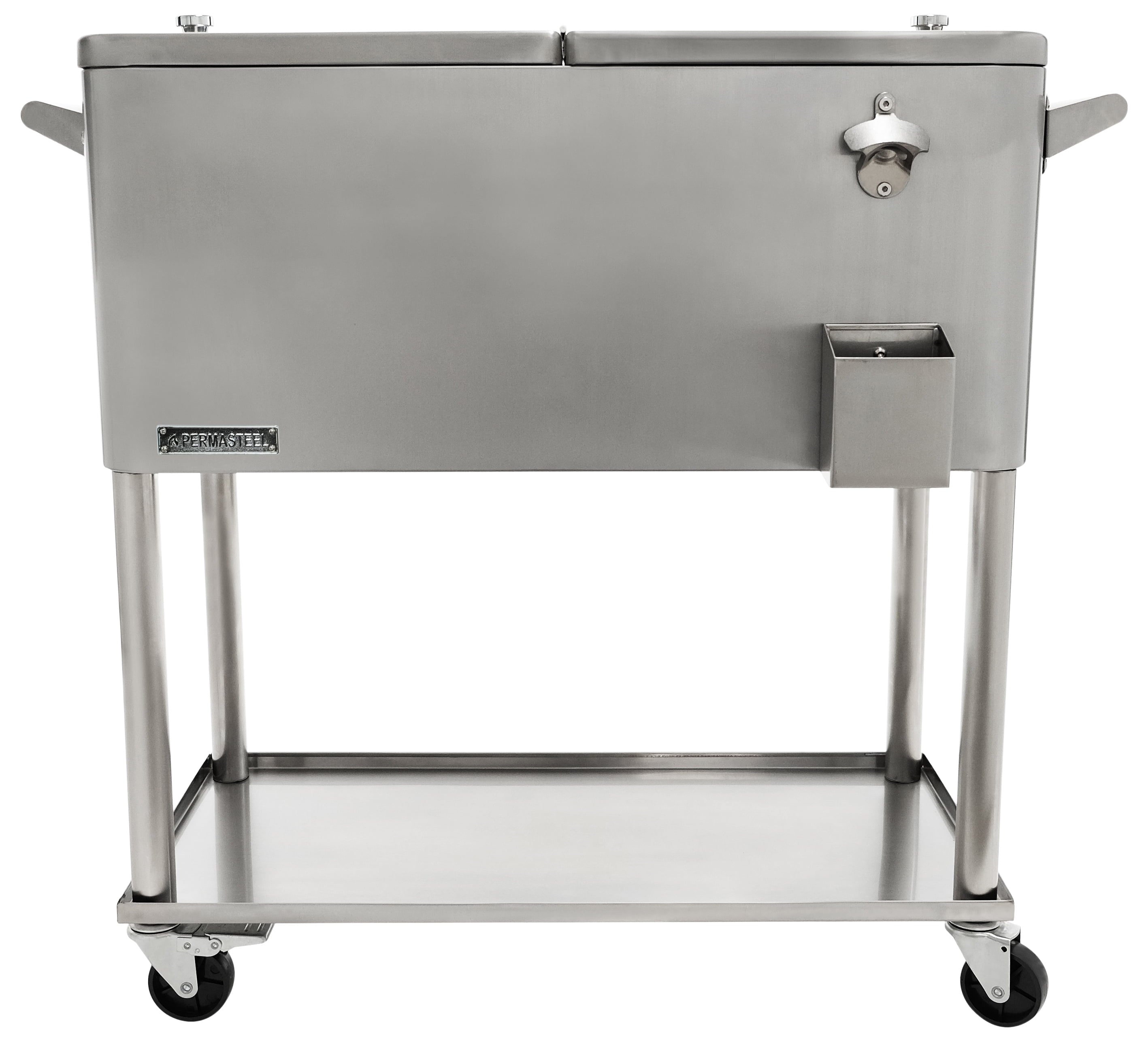 Permasteel PS-206-SS 80 Quart Rolling Patio Cooler with Bottom Tray, Stainless Steel