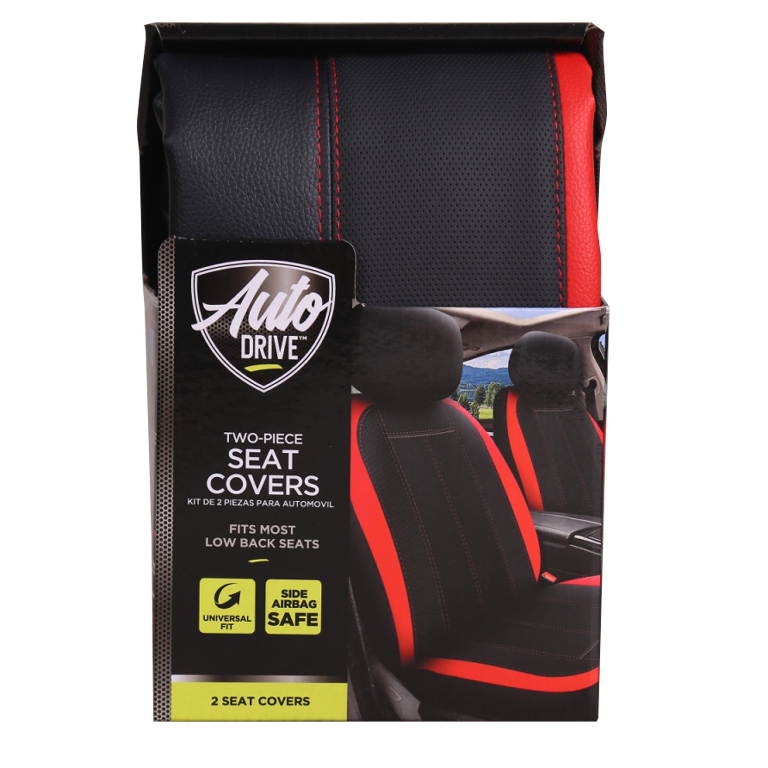 Auto Drive 2 Piece Car Seat Covers and Headrest Covers, Black Red Universal Fit