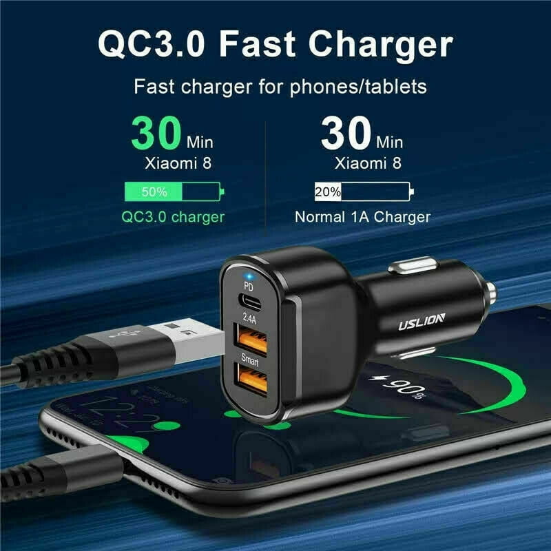 3in1 USB PD 30W Type-C Car Charger 2.4A Fast Charge Lighting Adapter For iPhone 13 12 11 Pro Max iPad Google pixel