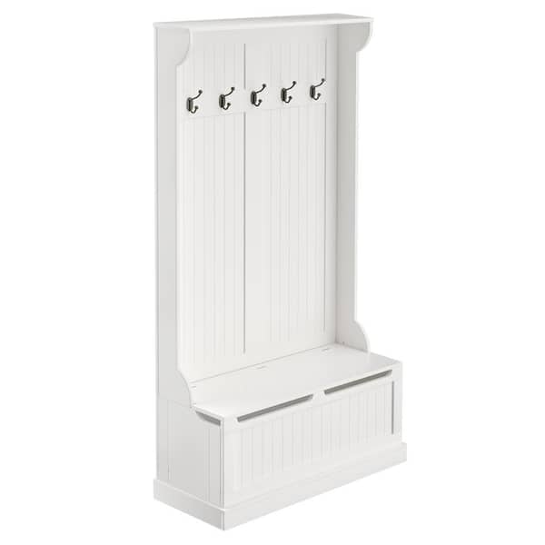 White Hall Tree Storage Bench and Coat Rack with 5 Steel Double Hooks and Anti-Topple Anchor for Entryway