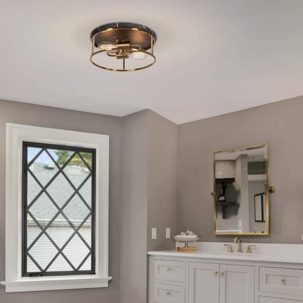 Cogburn 13 in. 2-Light Antique Brass with Black Marbled Base Flush Mount