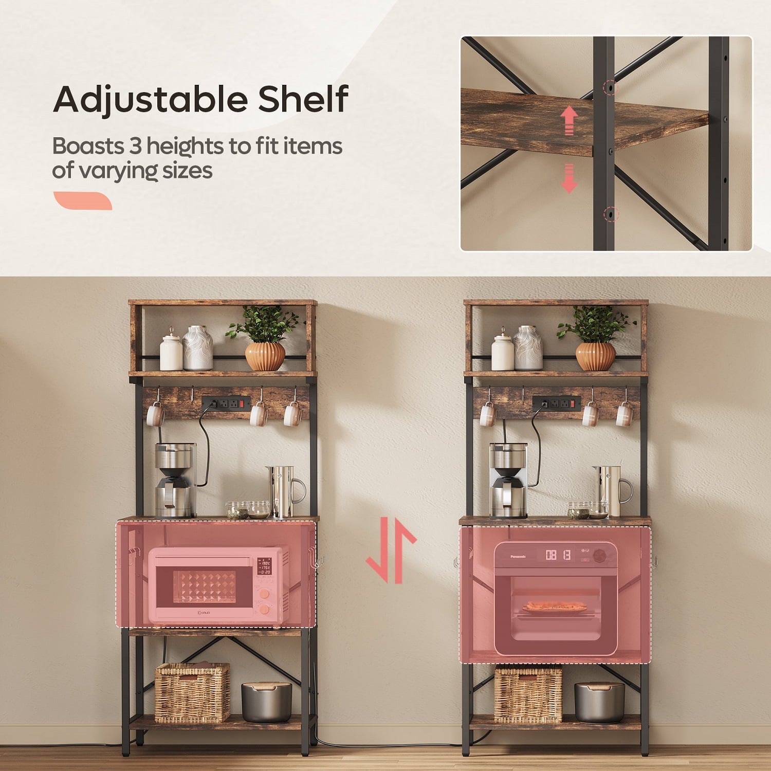 Bestier 60.3 inch 5-Tier Kitchen Bakers Rack with Power Outlets Microwave Cart in Rustic