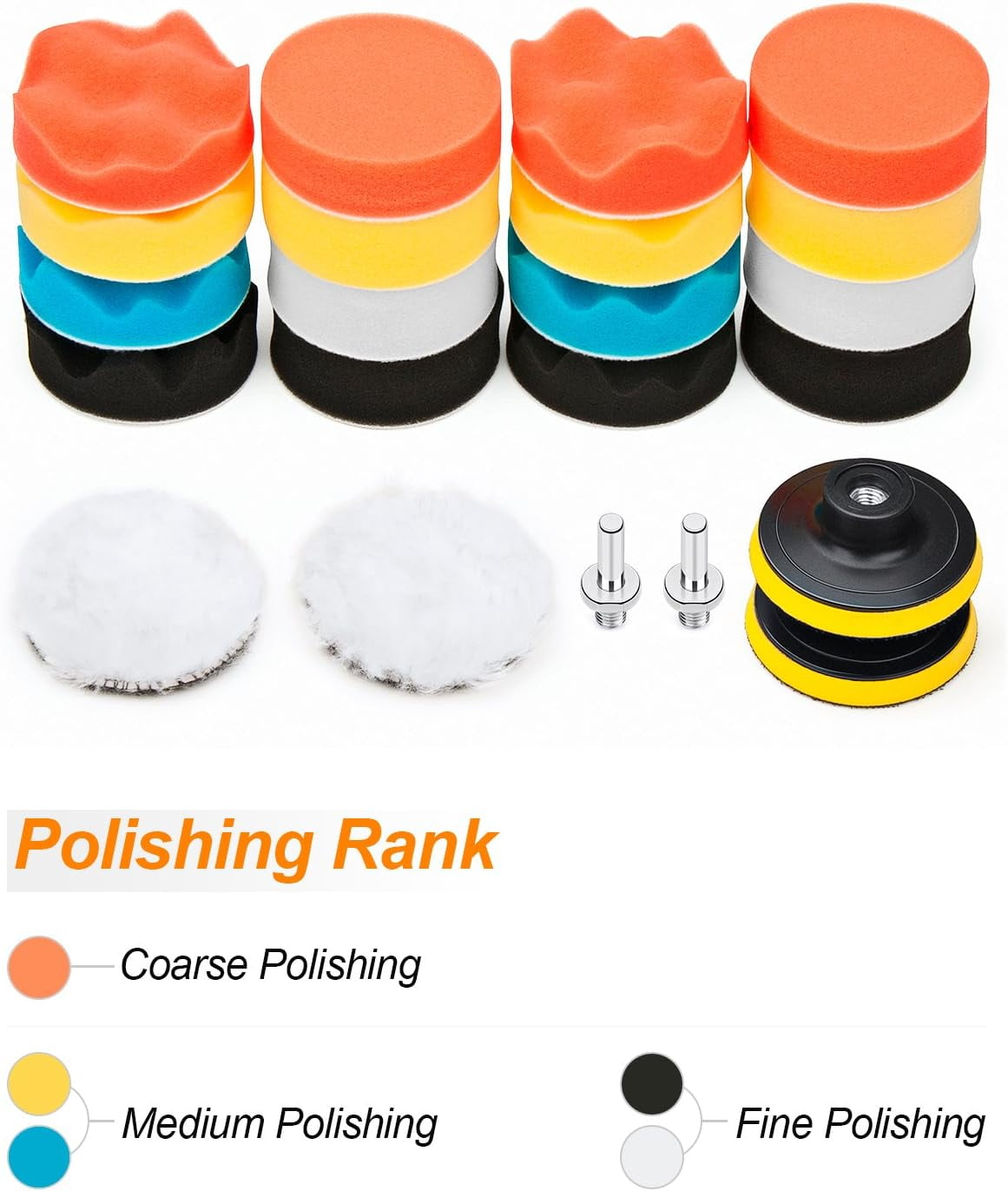 22 PCS Car Foam Drill Polishing Pad Kit, include 16 detailing sponges, 2 wool buffer pads, 2 drill adapters and suction cups, ideal for car sanding, polishing