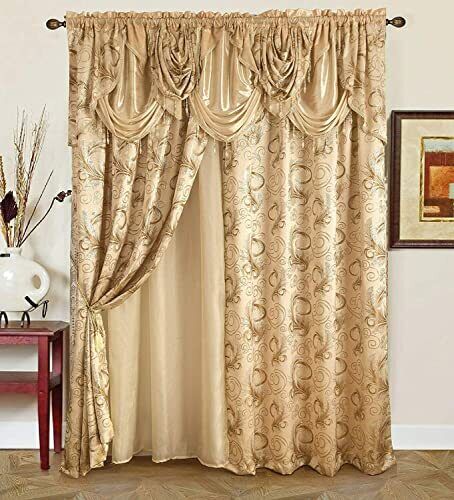 Luxury Window Panel Set Beige Curtain with Attached Valance and Backing Bedroom