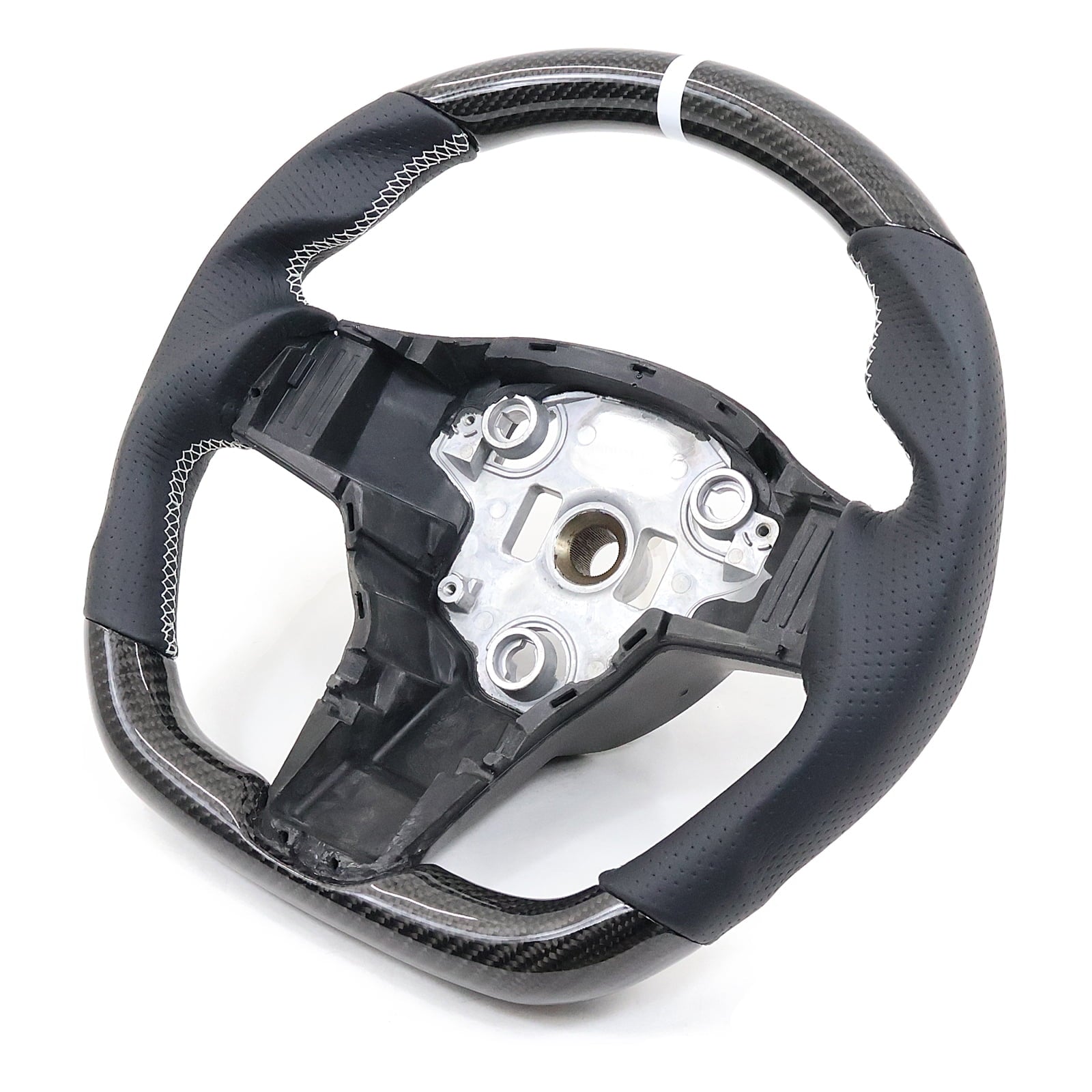 Ikon Motorsports Steering Wheel Compatible with 17-23 Tesla Model 3 Y Carbon Fiber & Perforated Leather With White Stitching & Stripe Steering Wheel Cover