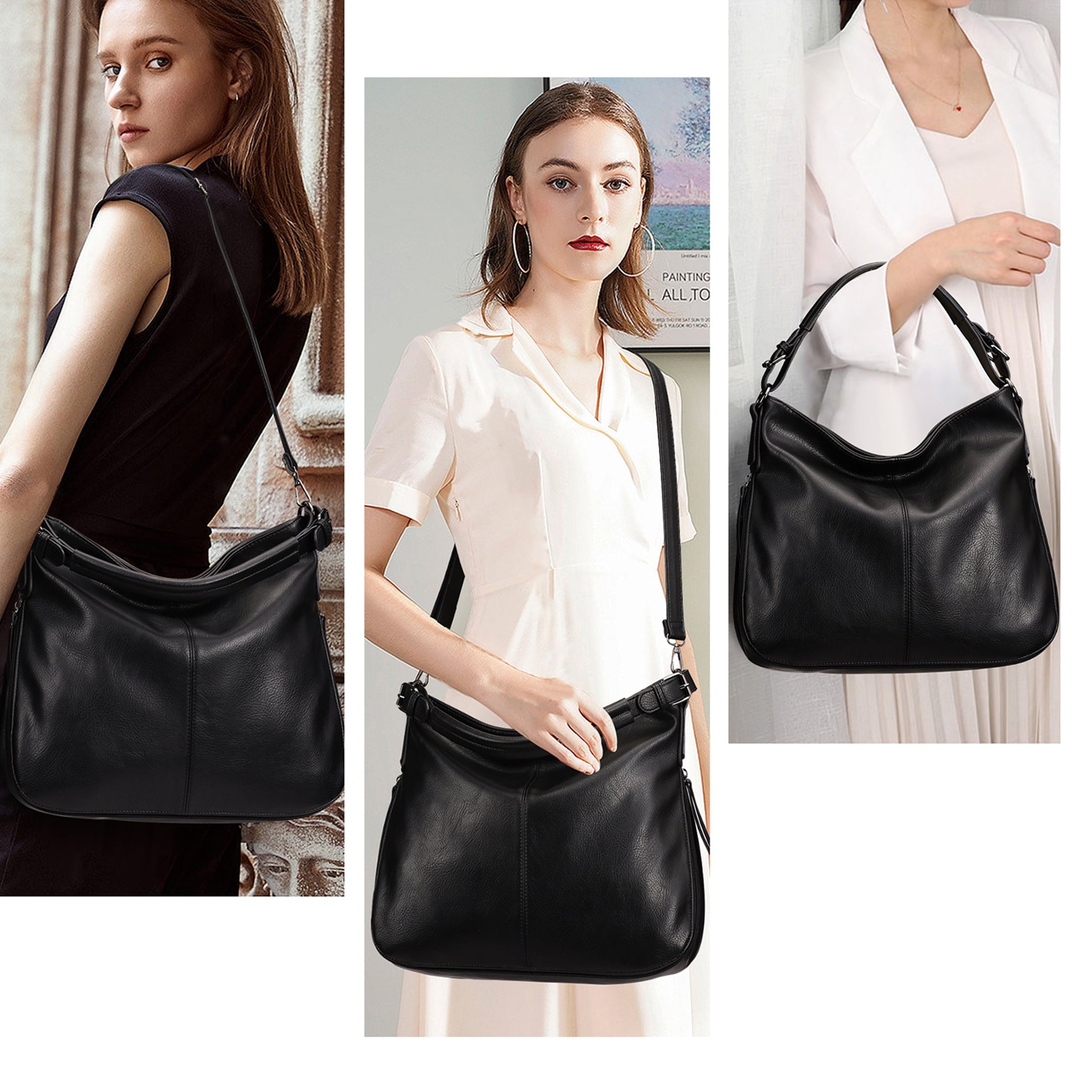 KL928 Leather Hobo Handbags for Women Crossbody Bags Retro Satchel Bag(Black)