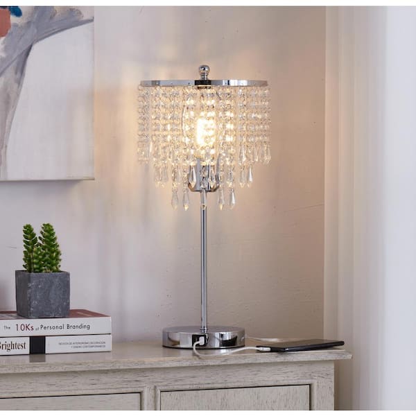 20 in. Chrome LED Crystal Touch Table Lamp with USB Ports