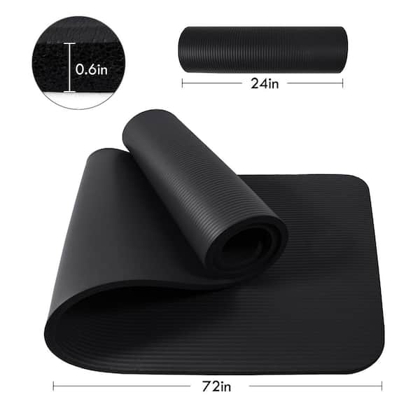 Black High Density Yoga Mat 72 in. L x 24 in. W x 0.6 in. Pilates Exercise Mat Non Slip (12 sq. ft.)