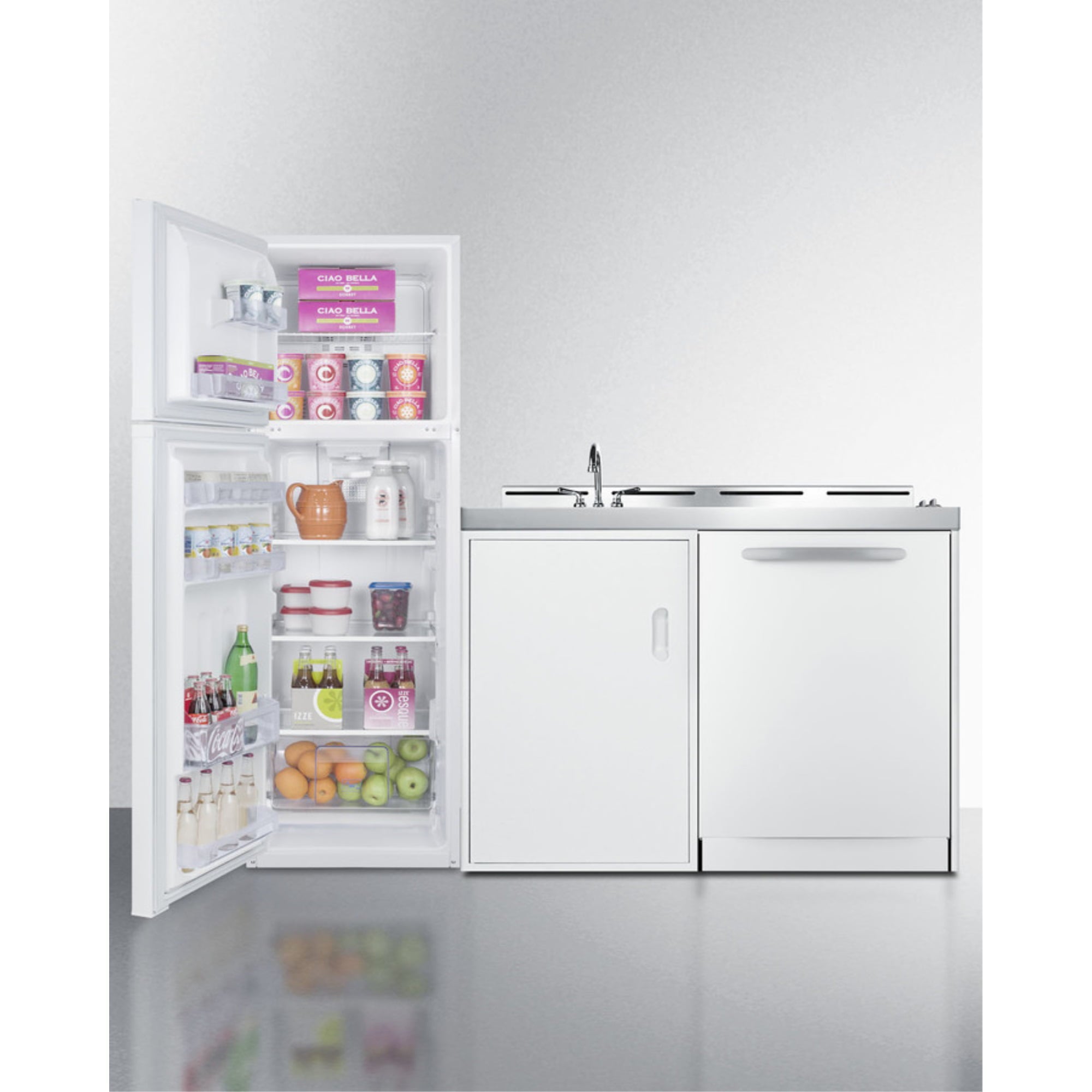 All-in-one combination kitchenette with full-sized refrigerator-freezer, dishwasher, sink, storage cabinet, and 2-burner coil cooktop