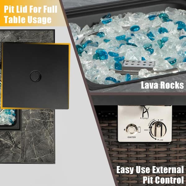 Brown Square Steel 30 in. 40000 BTU Propane Fire Pit Table with Glass Rocks and Rain Cover