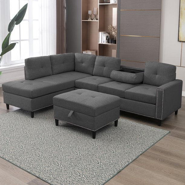 Mjkone L Shaped Sectional Sofa with Left Hand Facing Chaise,Free Combination Ottoman, Modular Sectional Sofa with Rivet Trim,Upholstered Sofa Couches for Living Room,Dark Grey