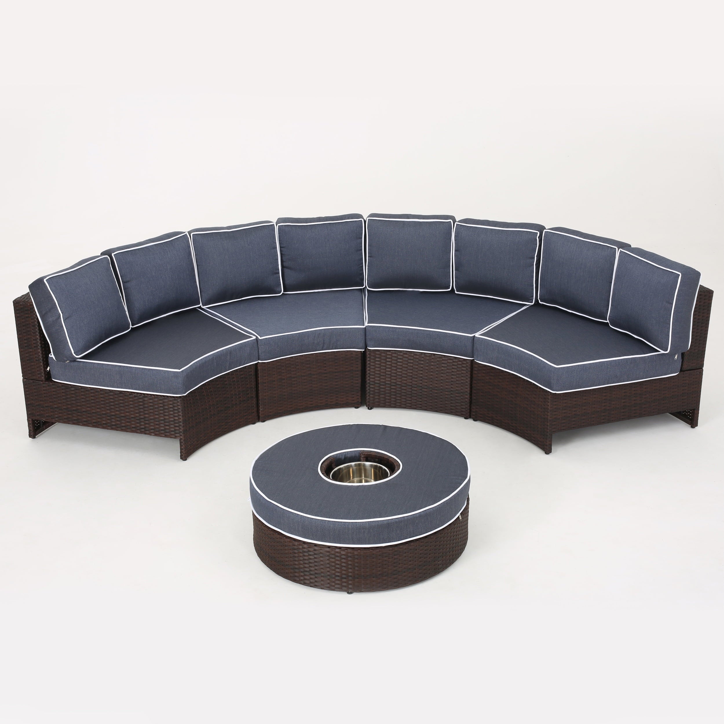 Sinclair 5 Piece Outdoor Wicker 1/2 round Seating Set with Cushions and Ice Bucket Ottoman, Brown, Navy Blue