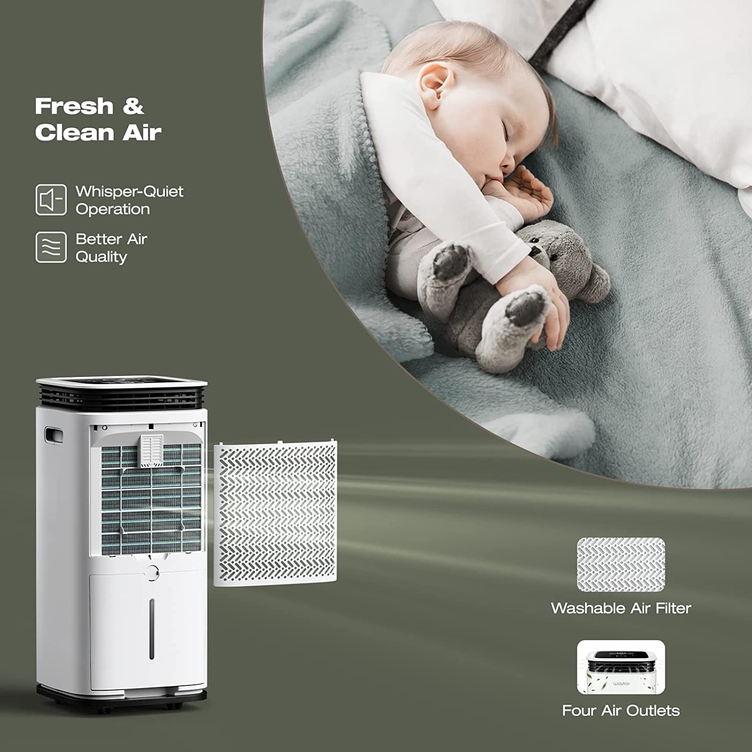 Waykar 70 Pints Dehumidifier for Basement and Home with Drain Hose, Spaces up to 4500 Sq Ft, Removes 9 Gallons Moisture/Day, 1.18 Gallons Water Tank and Four Air Outlets