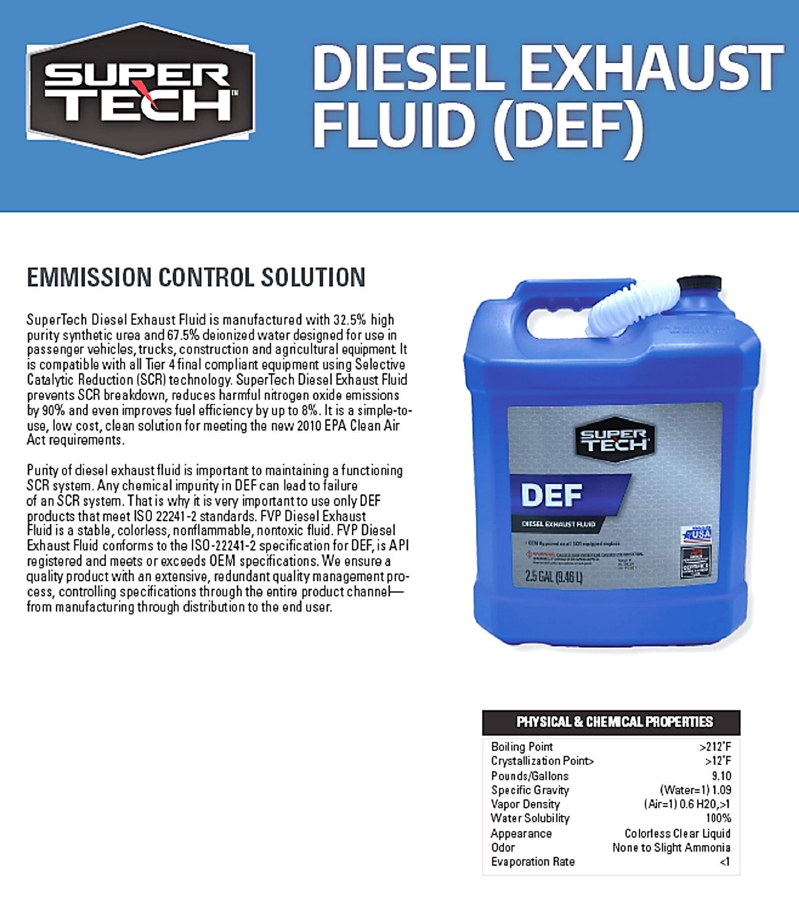 SuperTech Diesel Exhaust Fluid, 2.5 Gallon Bottle, 25 lb, 9 in H, 1 Count