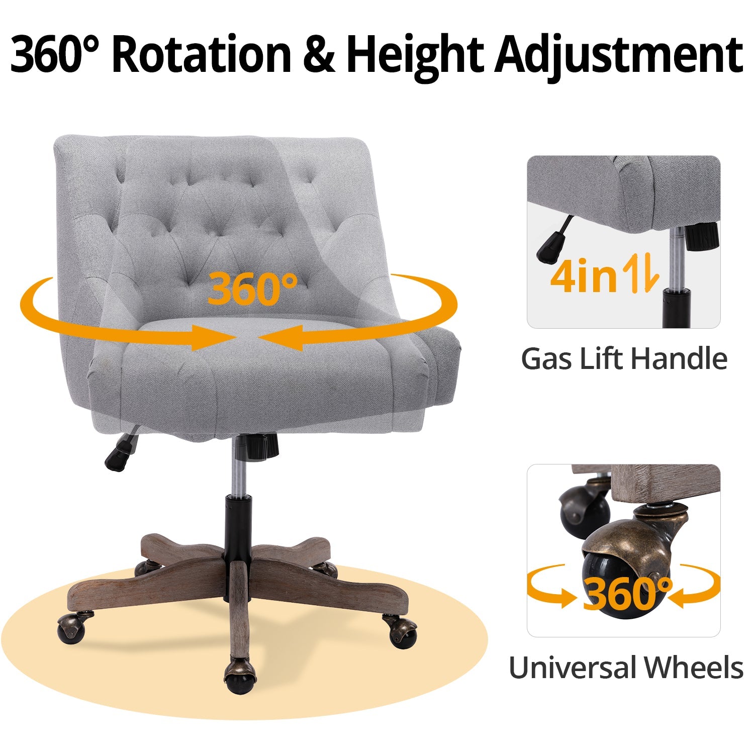 Swivel Shell Office Chair, Modern Fabric Upholstered Tufted Accent Computer Desk Chair with Ergonomic Wide Backrest and Wooden Legs, Height Adjustable Swivel Vanity Chair for Office, Grey