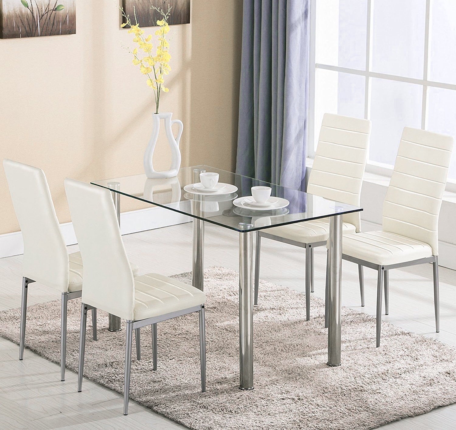Ktaxon Dining Table set 5 Piece Dining Table Set Tempered Glass Top Dinette Sets with 4 PU Leather Chairs,Light White