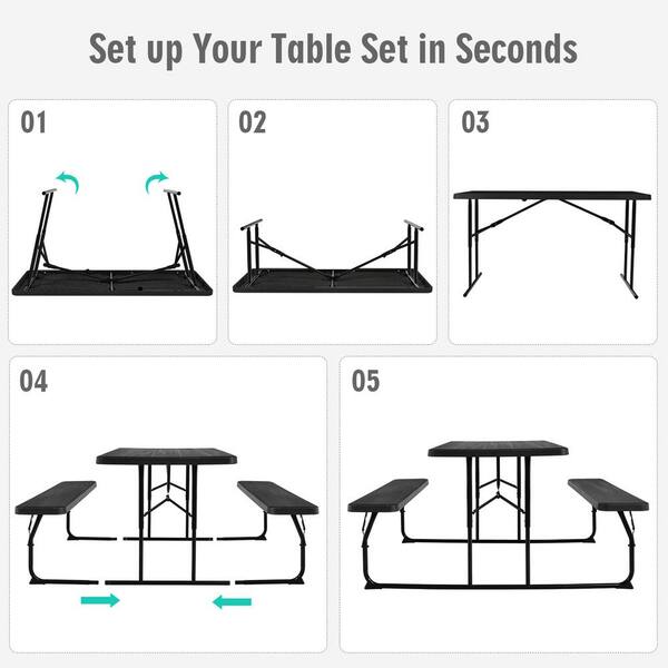 54 in. Black Rectangle Folding Picnic Table and Bench Set for Camping BBQ w/Steel Frame