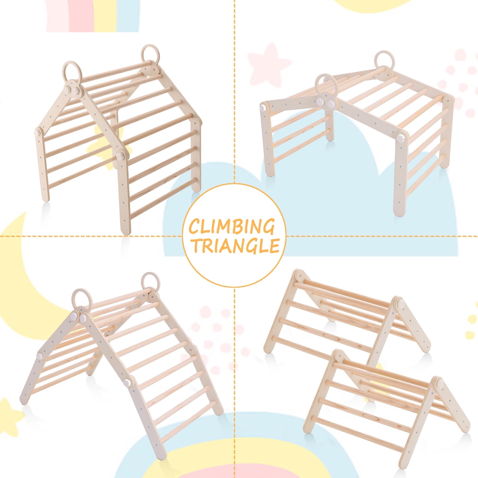 Toddler Climbing Toys Indoor,Pikler Triangle Set with Arch and Ramp, Foldable Wooden Montessori Climbing, Wood Play Gym, Toddler Gym for 2-6 Years