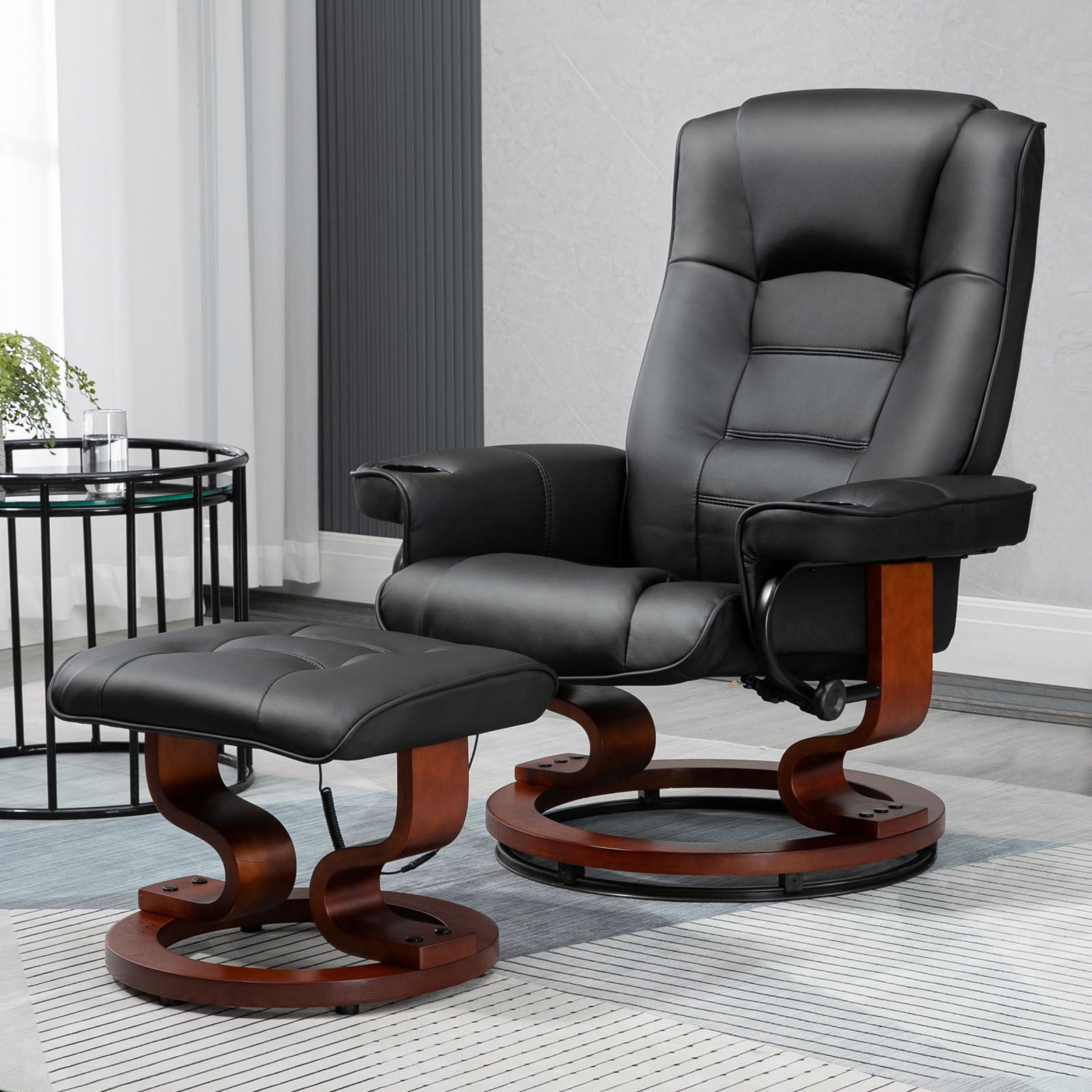 AVAWING Recliner Chair - Vibration Massage, Faux Leather, Ottoman, Swivel - Black