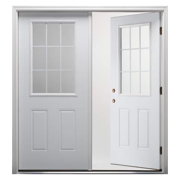 72 in. x 80 in. White Internal Grilles Right-Hand Inswing 1/2-Lite Clear Glass 2-Panel Primed Steel Prehung Front Door