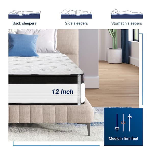 12 in. Medium Firm Hybrid Pillow Top California King Size Mattress, Cooling & CertiPUR-US Certified