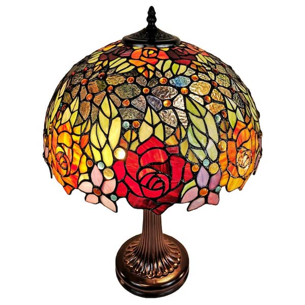 23 in. Tiffany Style Red Yellow Rose Floral Banker Table Lamp