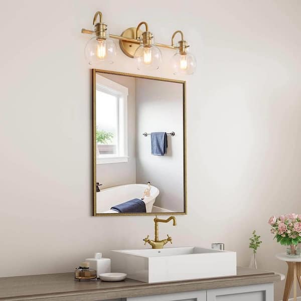 Stockton Modern 3-Light Gold Bathroom Vanity Light Powder Room Wall Sconce with Clear Globe Glass Shades