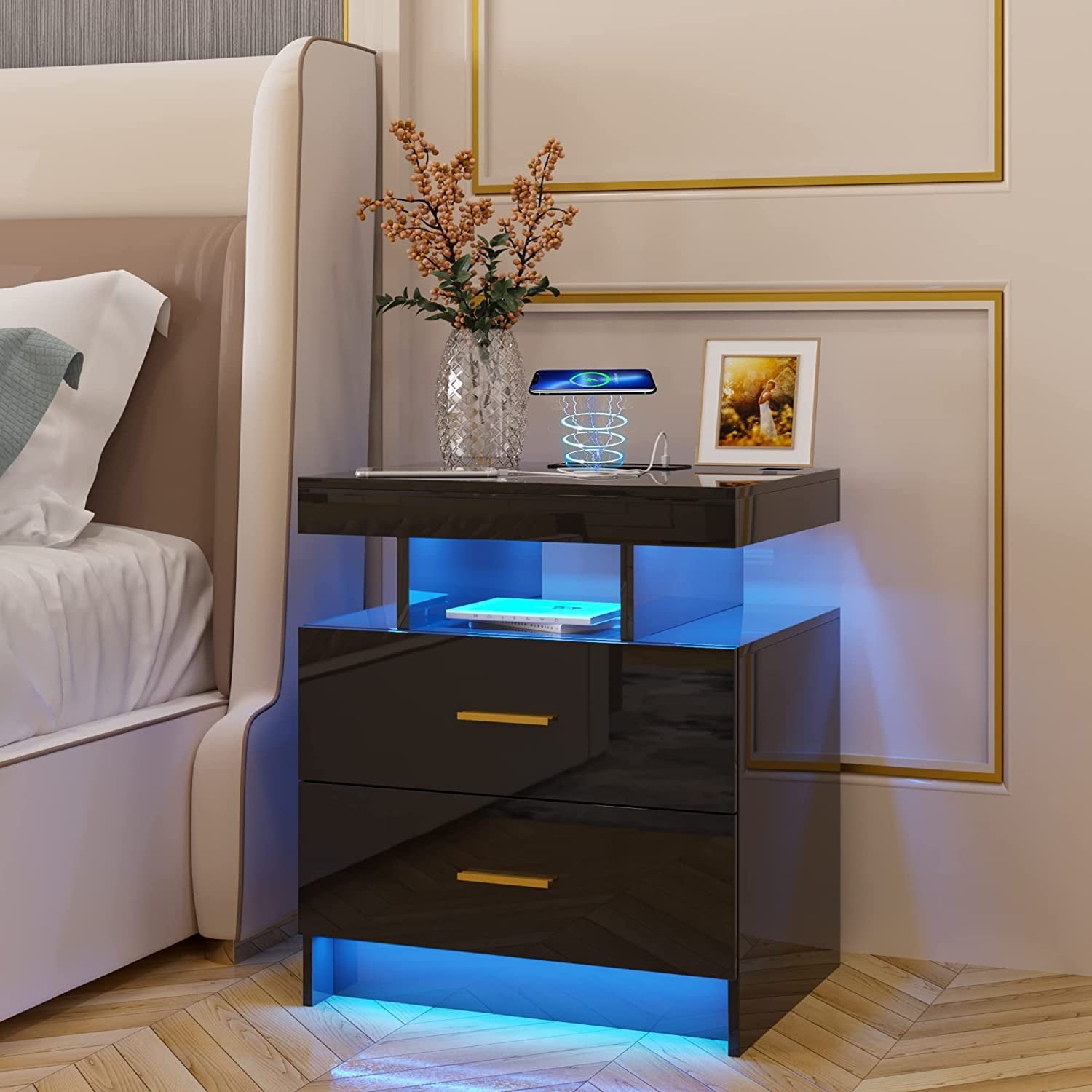 HNEBC LED Nightstand Beside Table with 2 USB Ports & Wireless Charging Station Floating Nightstand with 3 Color & Adjustable Brightness for Bedroom-White