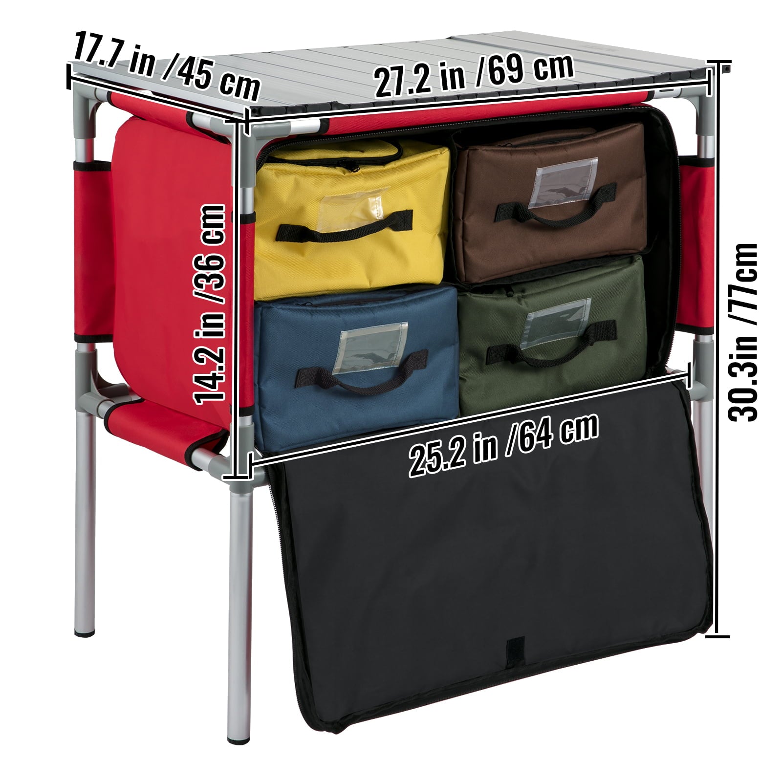 Camping Kitchen Station, Aluminum Portable Folding Camp Cook Table with 4 Detachable Legs & 4 Cooler Bags, Red