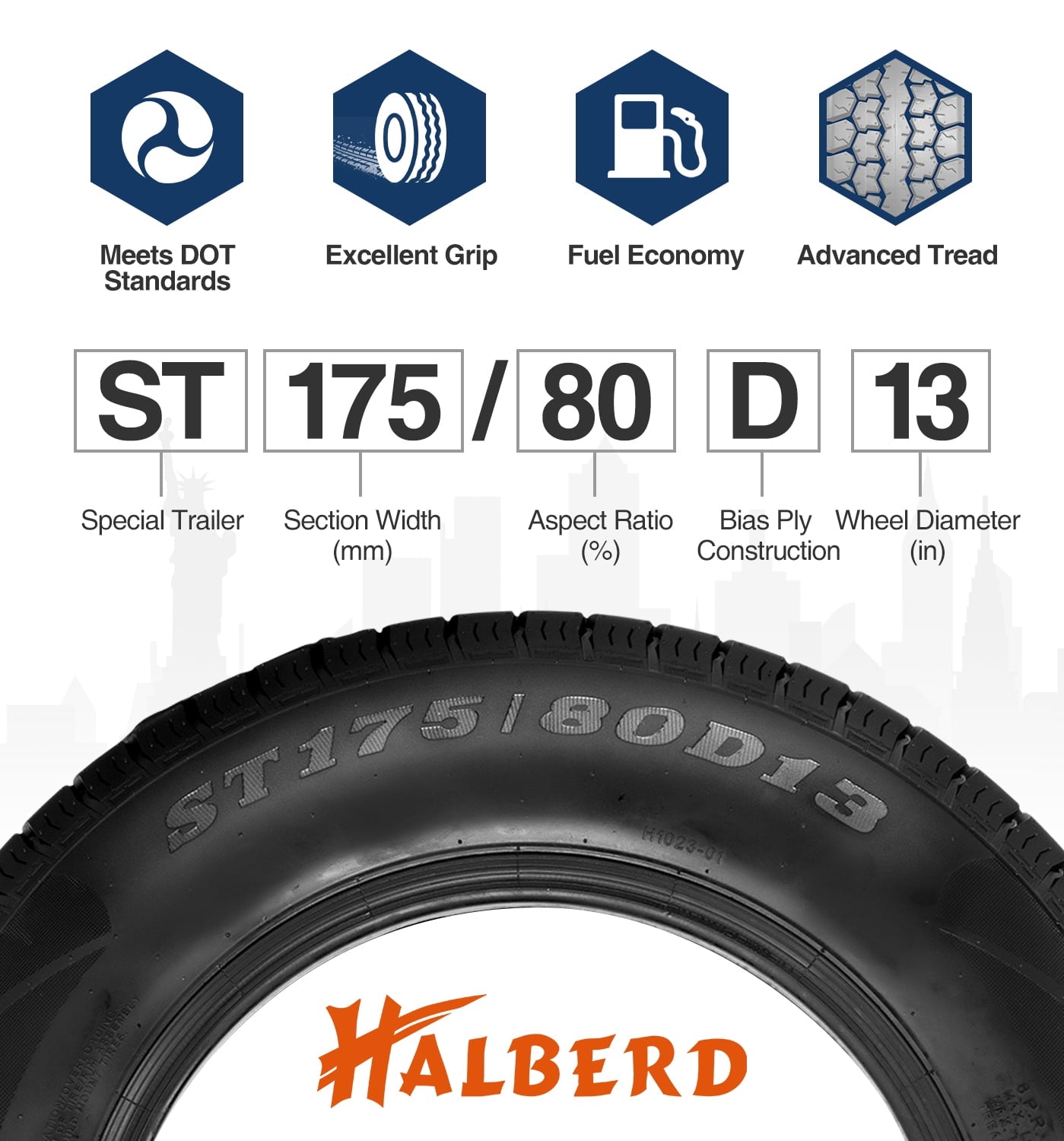 HALBERD 6Ply ST175/80D13 Trailer Tires 175 80 13 Replacement Tire Load Range C