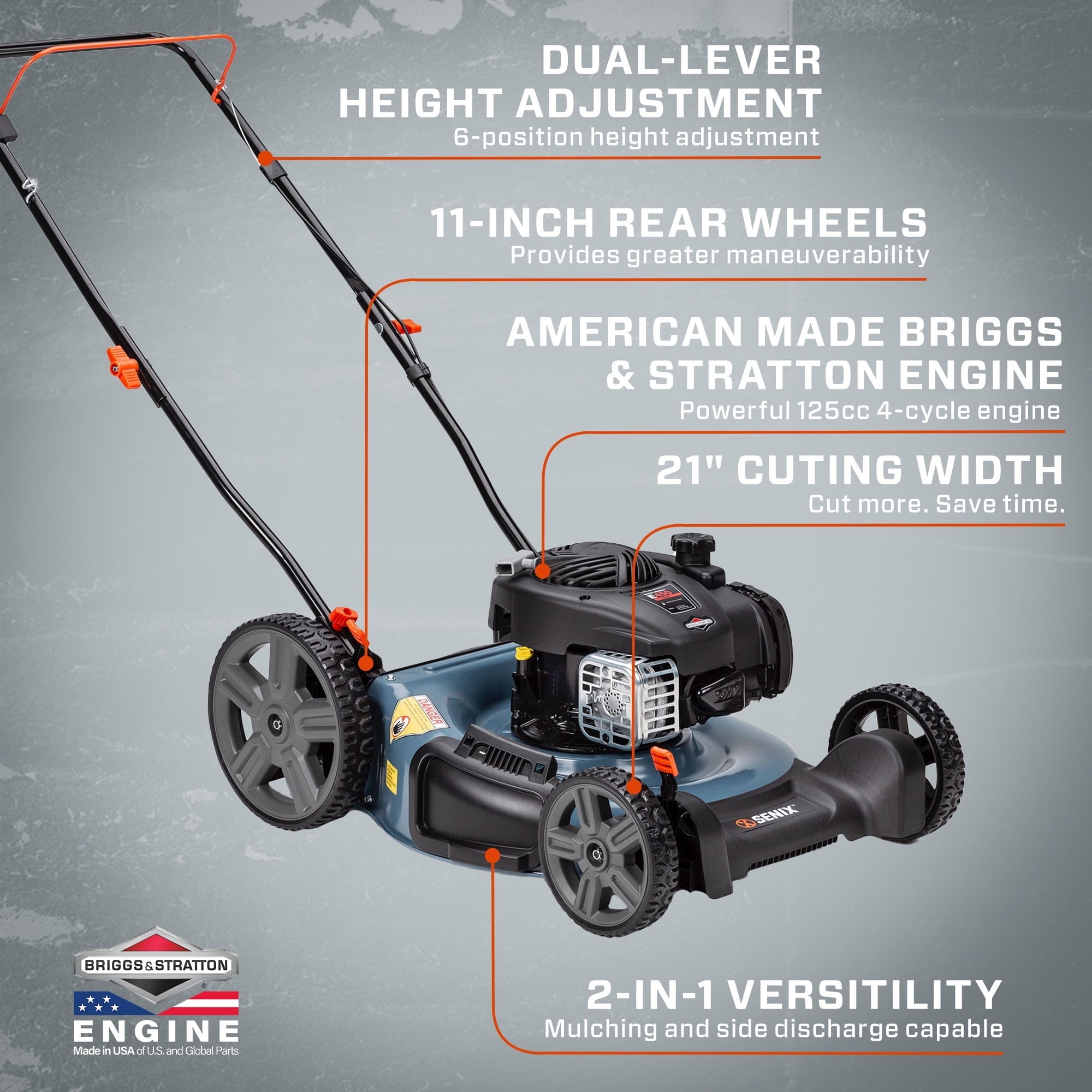 SENIX Gas Lawn Mower, 21-Inch, 125 cc 4-Cycle Briggs & Stratton Engine, 2-In-1 Push Lawnmower, 6-Position Height Adjustment with 11-Inch Rear Wheels, LSPG-M4, Blue
